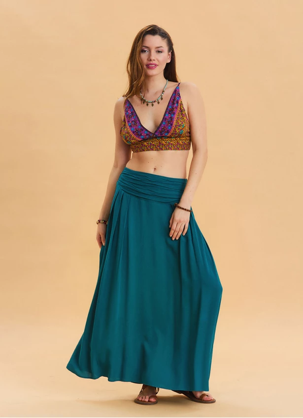 Elastic Waist Drape Detailed Petrol Long Skirt 4491